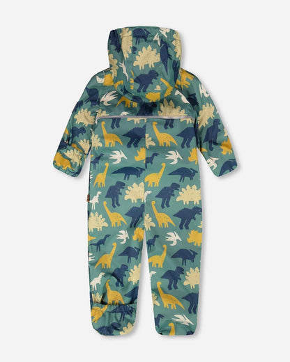 Baby Mid-Season One-Piece Outerwear With Hat Green Dinosaur Print