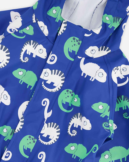 Blue rain jumpsuit with color-changing chameleon print