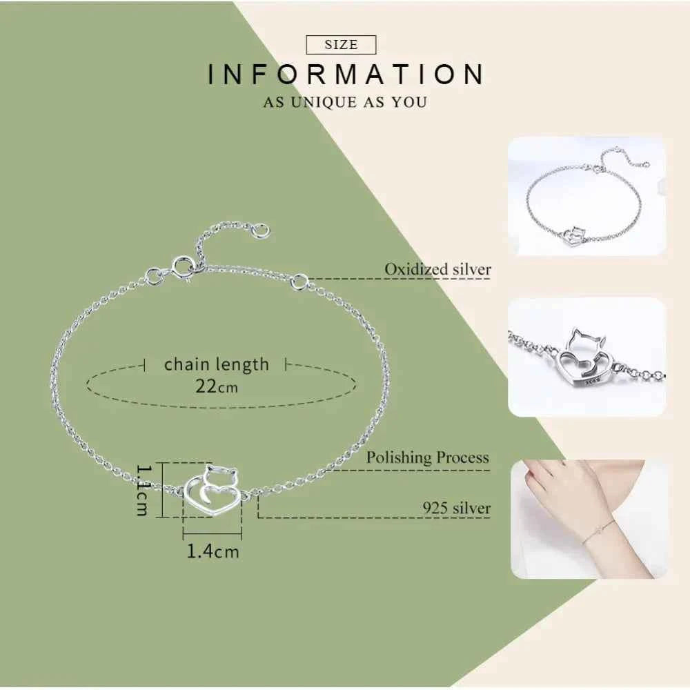 925 Sterling Silver Cat Heart Chain Bracelet