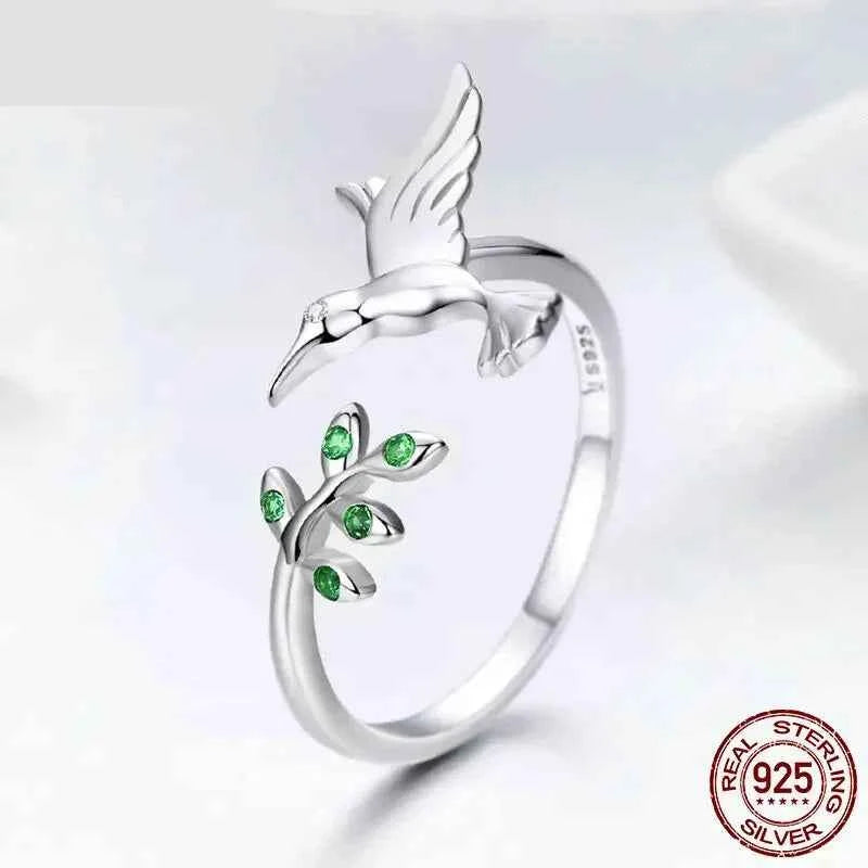 925 Sterling Silver Green Tree & Bird Open Ring