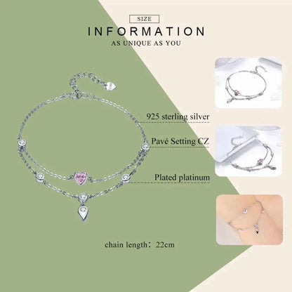 Sterling Silver Double Layer Bracelet with Pink CZ Hearts