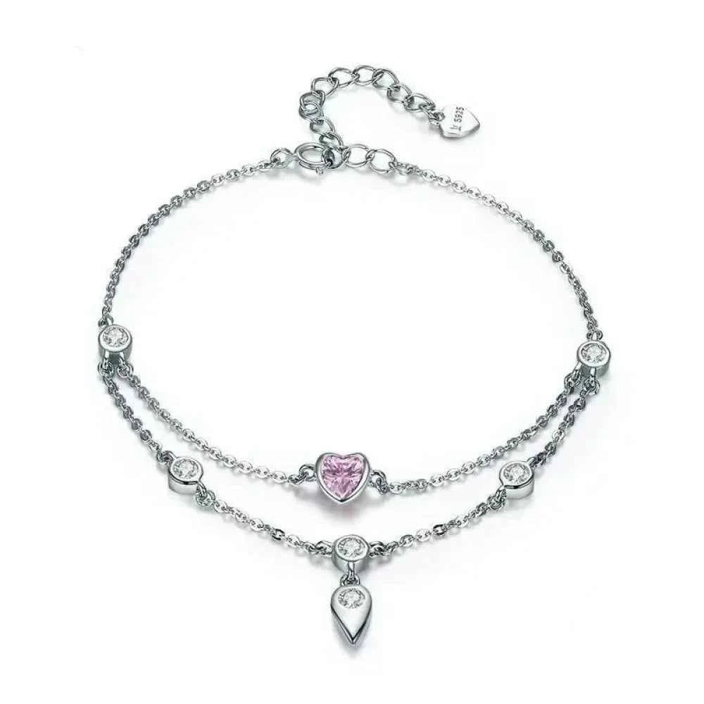 Sterling Silver Double Layer Bracelet with Pink CZ Hearts