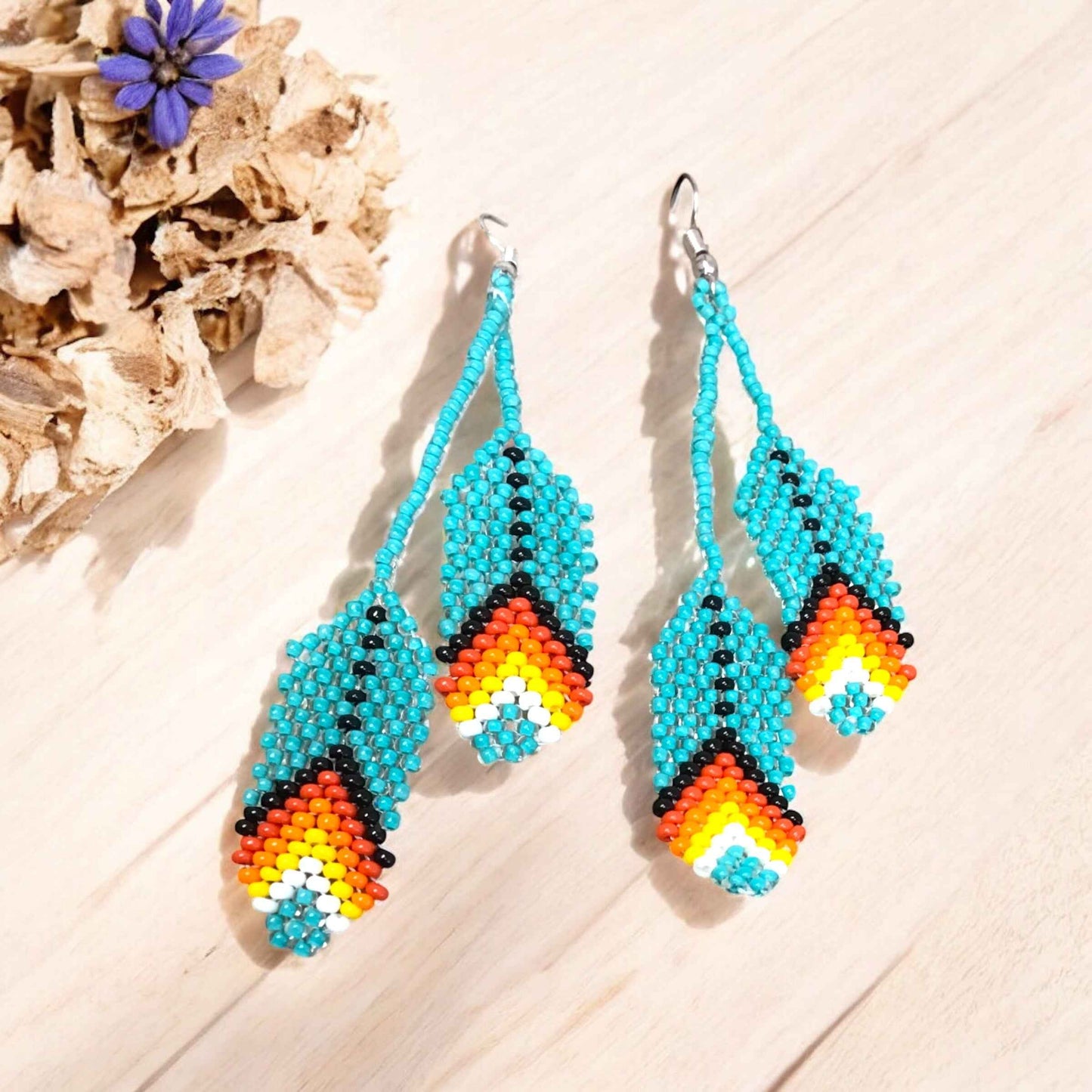OldTribes™ turquoises Beaded Feather Earrings