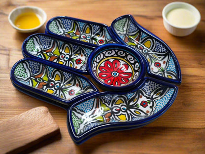 Vorspeisen- & Dip-Teller-Set, handgefertigt, 7-teilig, Keramik, Palmenform