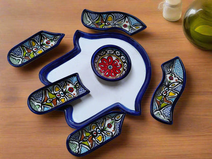 Vorspeisen- & Dip-Teller-Set, handgefertigt, 7-teilig, Keramik, Palmenform