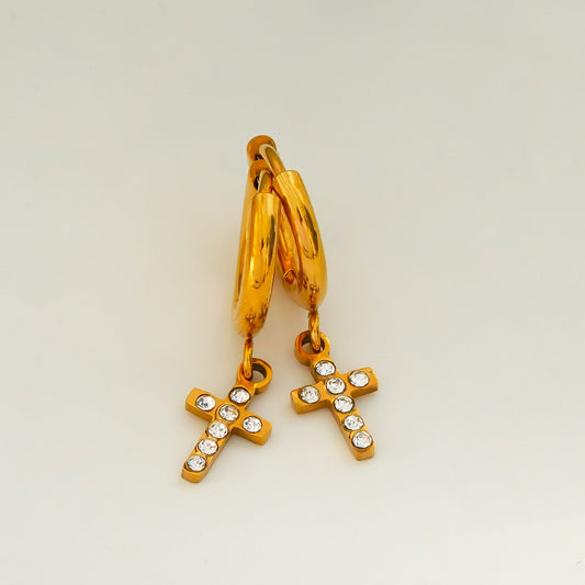 ISTEN Gold: Mini Hoop Earrings with Pavé Zirconia Cross
