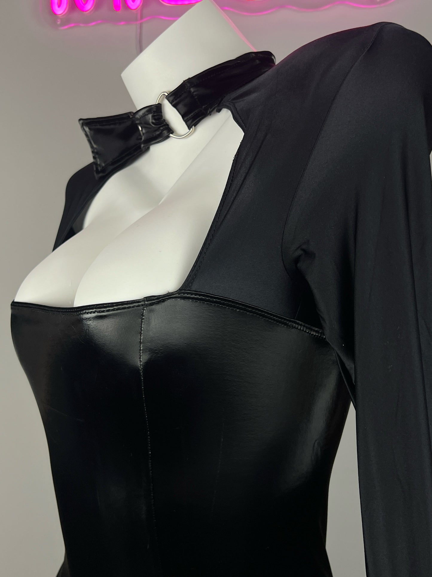 Gothic Long Sleeves Spandex Leather Garter Belt Tight Party Dress Lingerie
