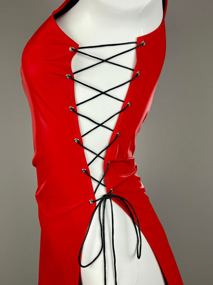 Vintage PU Leather Satin Cheongsam Lingerie Sexy Party Dress Costume