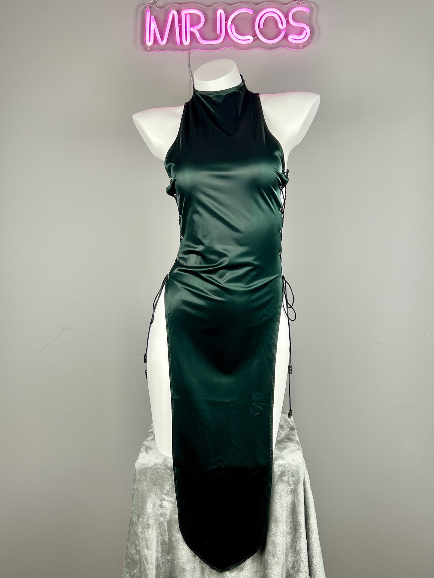 Vintage PU Leather Satin Cheongsam Lingerie Sexy Party Dress Costume