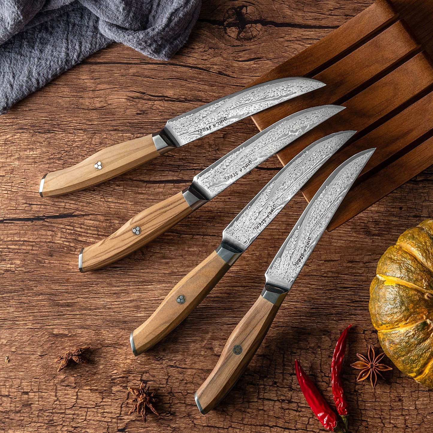 Ginza Steel AMELIA Five – 4-Piece VG10 Damascus Steel Steak Knife Set with Wood Block