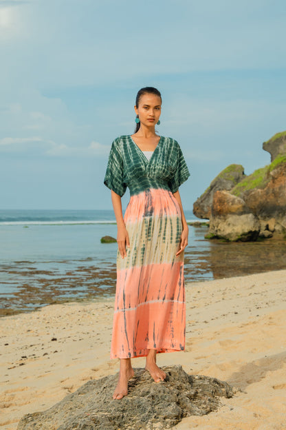 Tie Dye Stripe Maxi Dress - Pink & Grey