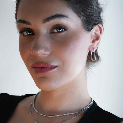 MAZUNTA Silver (White Gold): Rentangle Shaped Hoops - A Bold Twist on Classic Elegance