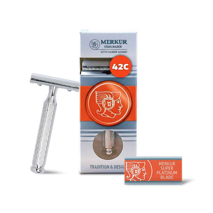 Merkur 42C 3-Piece DE Safety Razor, Closed Comb, Classic 1906 Etched Handle, Chrome