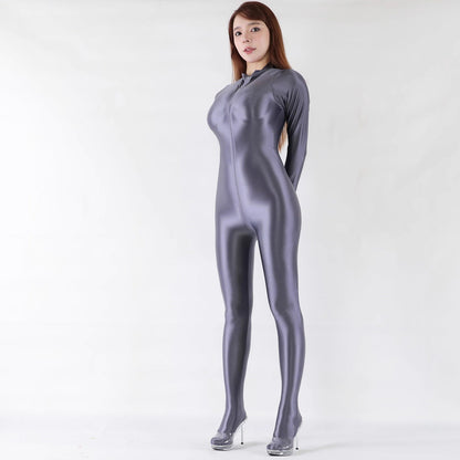 Extra Long Front Triple-Zipper Spandex Nylon Full Bodysuit Zentai Shinny Jumpsuit