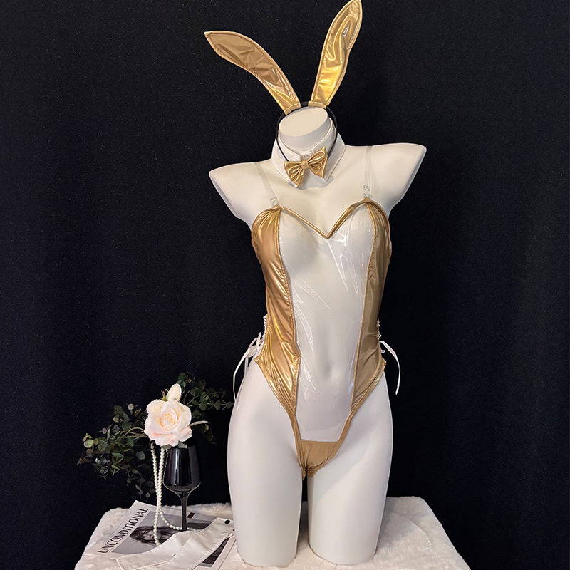 Bunny Girl PU Leather See Through Cosplay Bodysuit Costume Lingerie