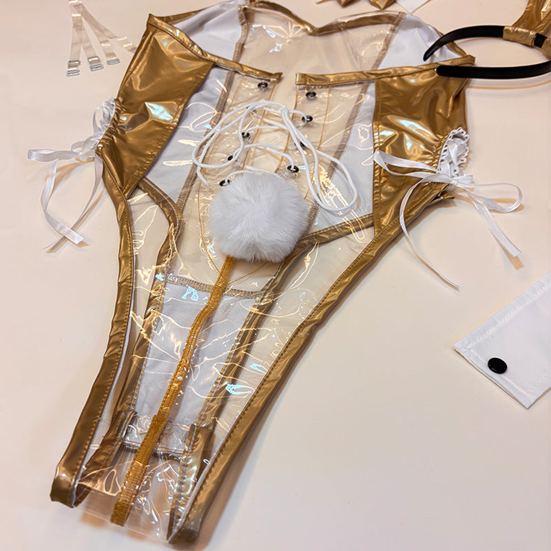 Bunny Girl PU Leather See Through Cosplay Bodysuit Costume Lingerie
