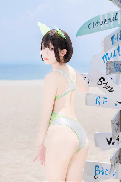 Anime Style One-piece Sexy Racing Swimsuit with Mesh Sheer Dual-color Design