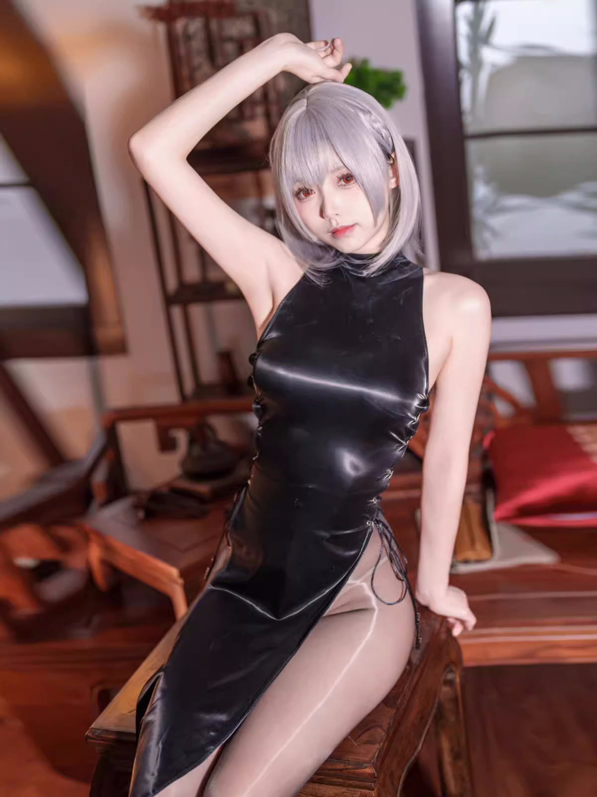Vintage PU Leather Satin Cheongsam Lingerie Sexy Party Dress Costume