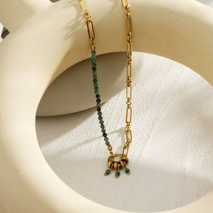 LYON: Boho-Chic African Turquoise Natural Stone Charm Pendant Gold Necklace