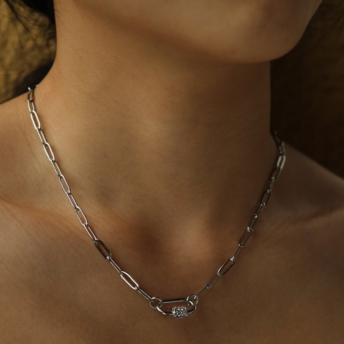 PEIGI Silver: Paper Clip Chain with Zirconia Accented Carabiner Charm