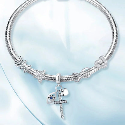 925 Sterling Silver Clear 5A Crystal Collection Family Heart X-Shape Charm Beads for Charm Bracelet & Necklace Pendant