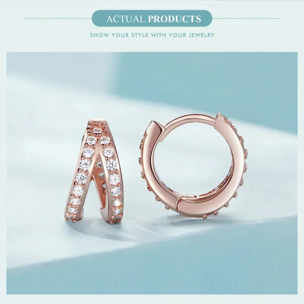 925 Sterling Silver Elegant Geometry Zircon Crystal Double Rings Ear Hoop Earrings