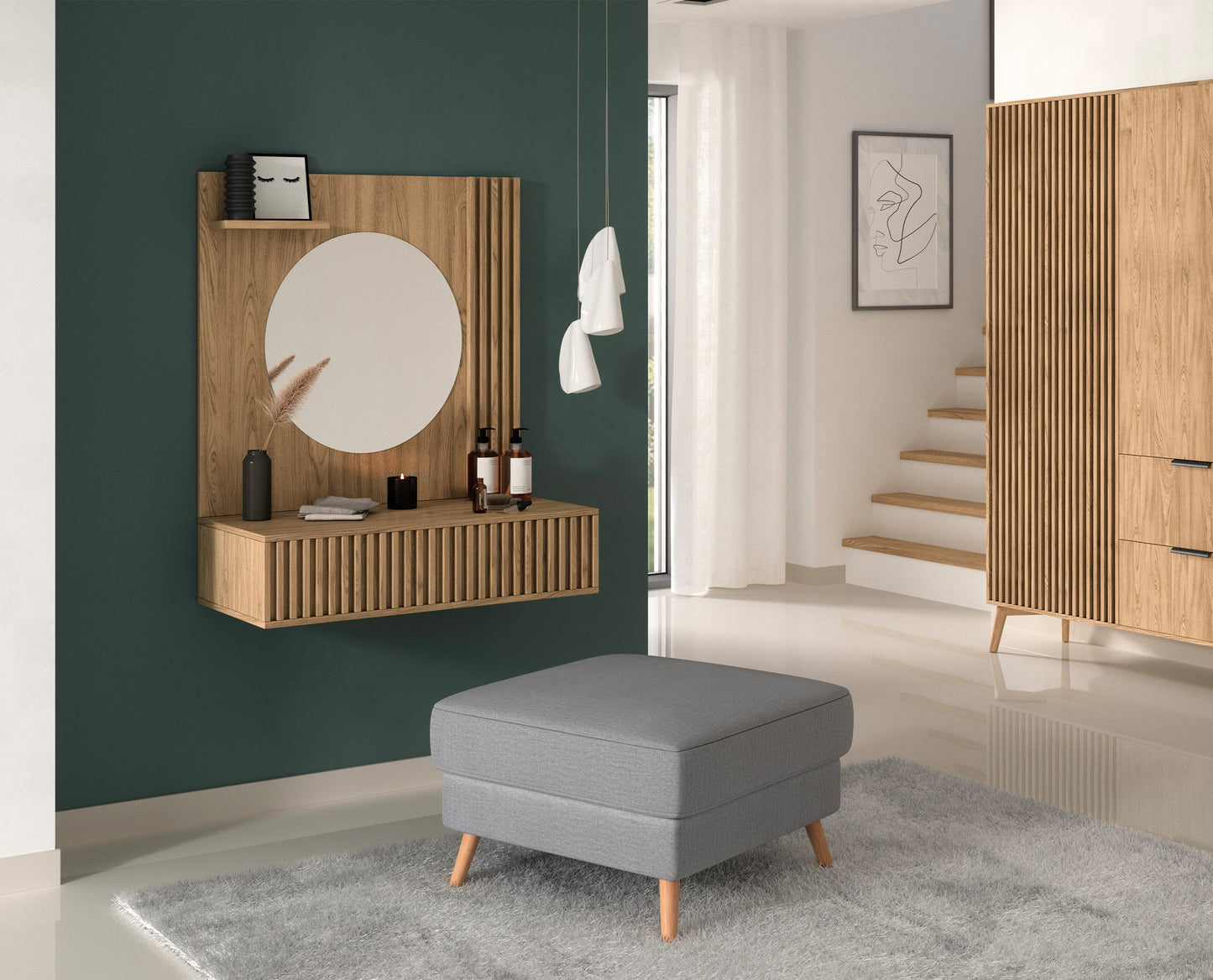 Entsian Oak Wood Paneled Floating Vanity w/Mirror - Artisan Oak
