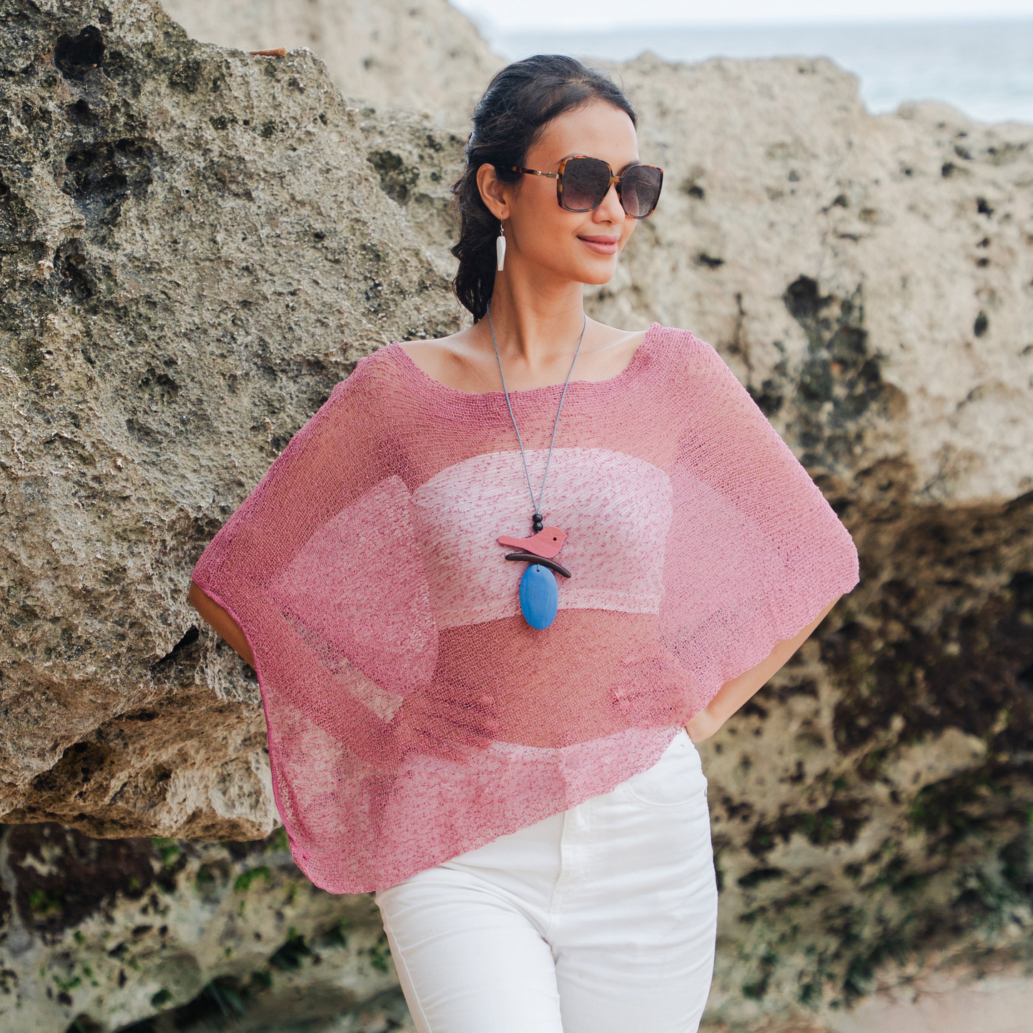 Sheer Mesh Poncho - Dusty Pink