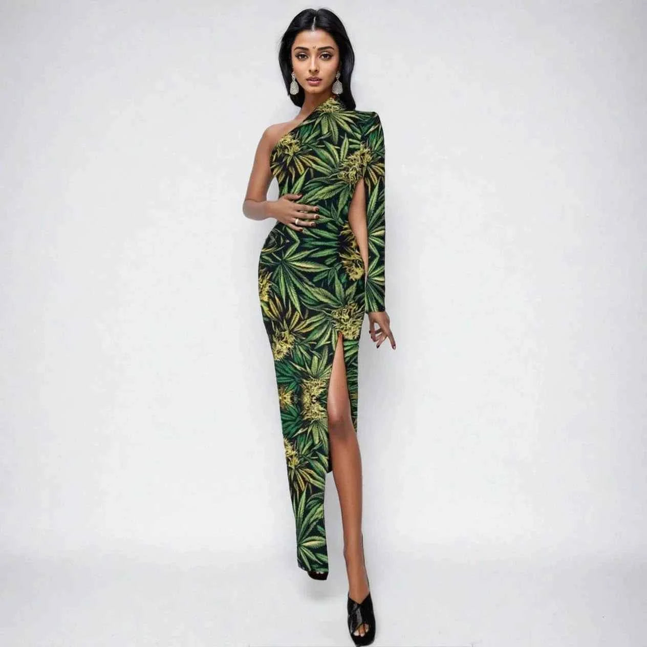 Big Buds One-Shoulder Slit Maxi Dress