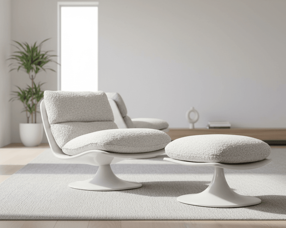 Bouclé Pedestal Chair and Ottoman