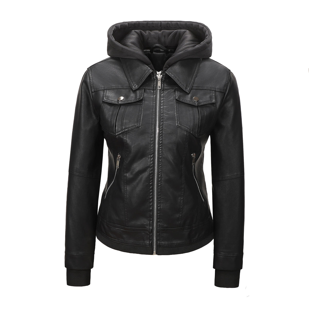 Women’s Faux Leather Biker Jacket with Detachable Hood – Slim-Fit Waist-Cinching Motorcycle Coat