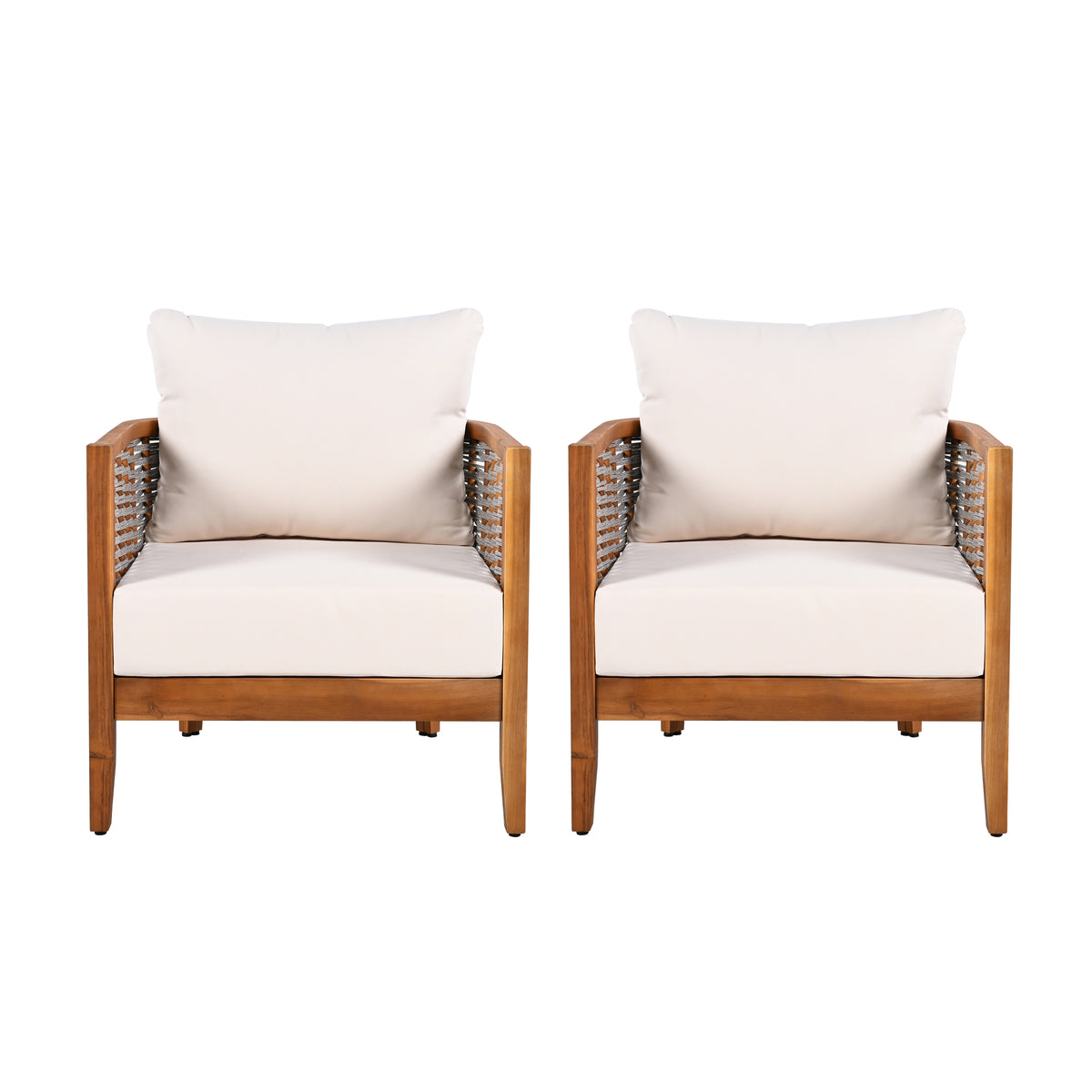 2-Piece Outdoor Acacia Wood Tub Chairs with Woven Rope – Deep-Seat Patio Armchairs with Cushions (US Delivery Only)
