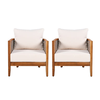 2-Piece Outdoor Acacia Wood Tub Chairs with Woven Rope – Deep-Seat Patio Armchairs with Cushions (US Delivery Only)