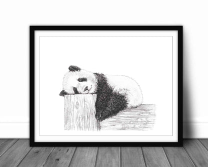 Cute sleeping Panda - Black and white art print