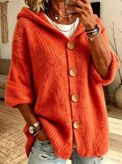 Women's Solid-Color Hooded Button-Down Cardigan Sweater
