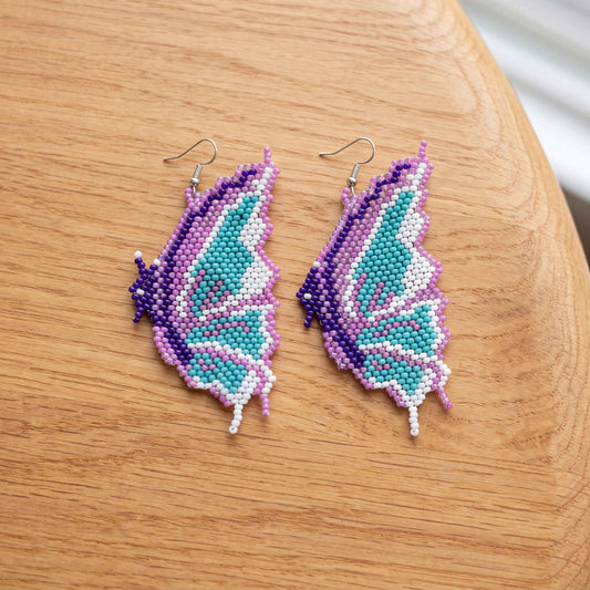 Butterfly Wing Beaded Dangle Earrings — Purple, Gold & Pink
