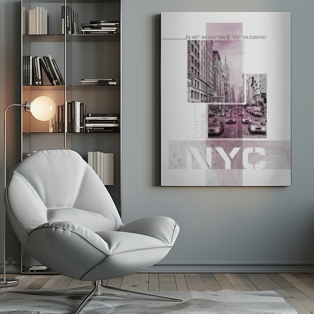 Wandbild Poster Art NYC Fifth Avenue Verkehr | rosa Marmor