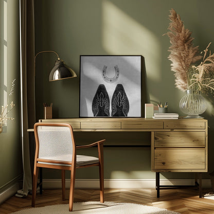 Wall Art Bw Cowboy Boots and Horseshoe