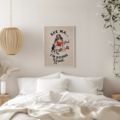 Wall art See Ma Poster Funny Vintage Pinup Girl &amp; Cat