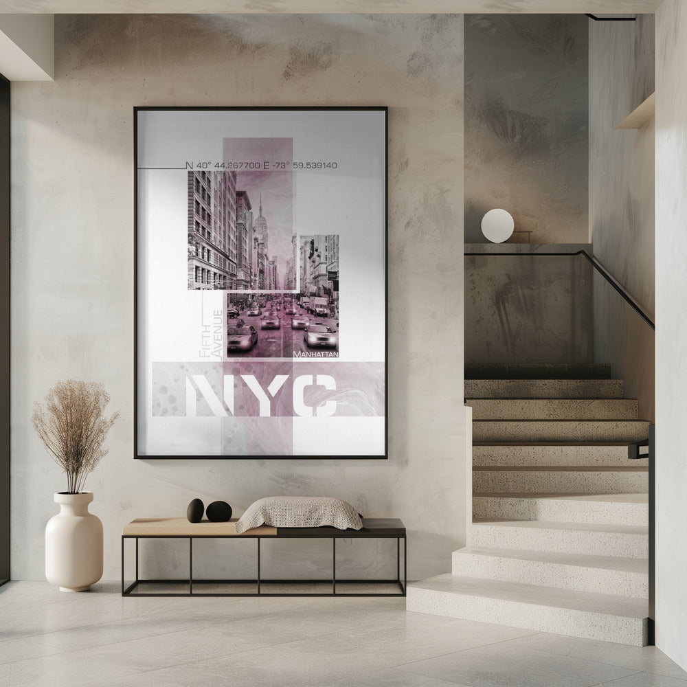 Wandbild Poster Art NYC Fifth Avenue Verkehr | rosa Marmor
